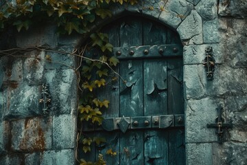 A picture of a green door with vines growing on it. This image can be used to depict nature, growth, or as a symbol of opportunity