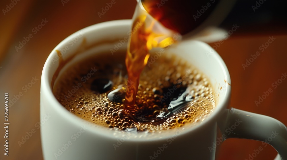 Poster A visually appealing image capturing the process of pouring coffee into a cup. Suitable for a variety of uses