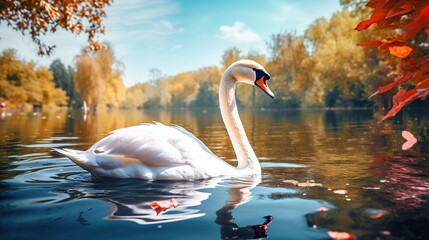 White swan gracefully floating on the lake with flowers
