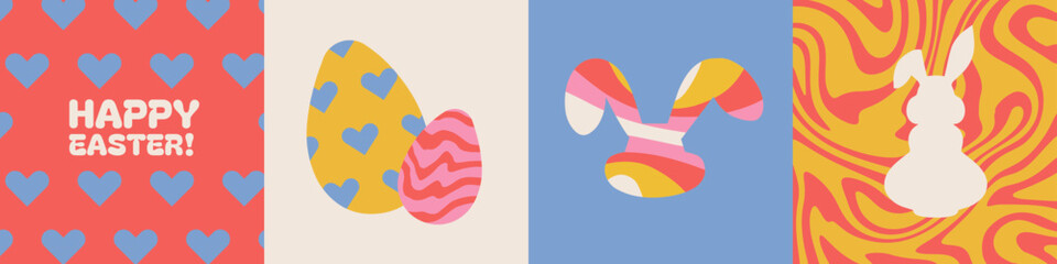 Easter groovy greeting cards set. Spring backgrounds with egg and bunny silhouettes. Simple flat vector illustration.