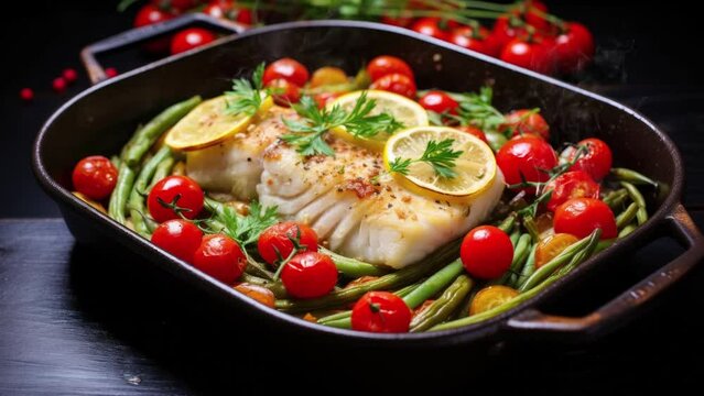 Zooming in on a Dish of Fish with Tomatoes and Green Beans