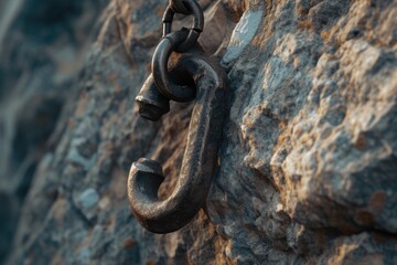 A detailed close-up view of a chain attached to a rock. This image can be used to represent strength, security, or the concept of being anchored
