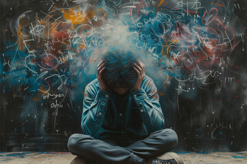 Capturing the emotional struggle of a student, this image conveys frustration and stress in the face of challenging learning concepts.