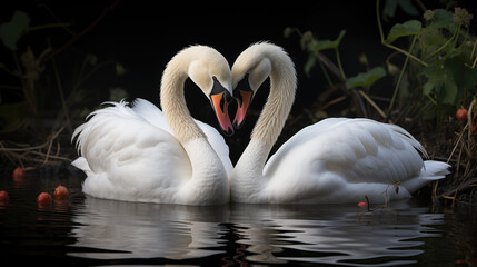 A pair of swans in the water creating a heart shape.