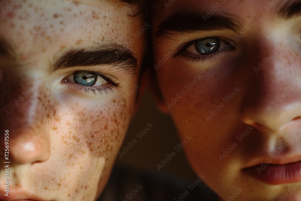 Poster two individuals with freckles on their faces. suitable for various uses