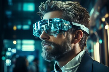 doctor wearing VR virtual reality glasses Checking diagnosis and the Sci-fi Medical technology graphic interface hud screen