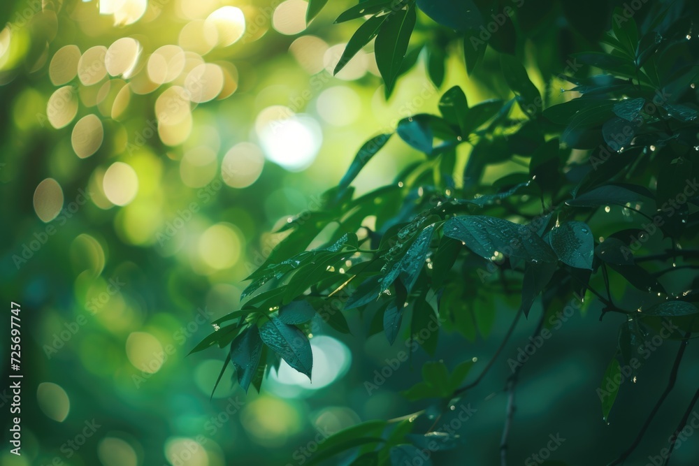 Poster a close-up view of a tree with water droplets on its leaves. this image captures the beauty of natur