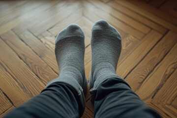 A close-up image of a person's feet in grey socks resting on a wooden floor. Suitable for various concepts and themes