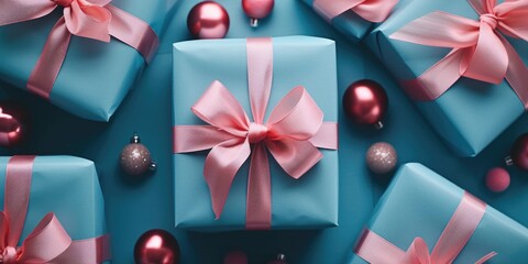 Blue presents with pink bows and ornaments. Perfect for gift-giving and celebrations