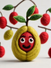 Photo Of A Needle-Felted Cartoon Miracle Fruit Character Isolated On A White Background