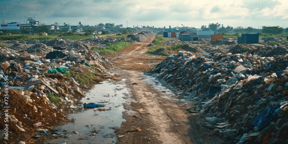 Aufkleber A picture of a dirt road covered in a lot of trash. This image can be used to depict environmental pollution or the consequences of improper waste disposal