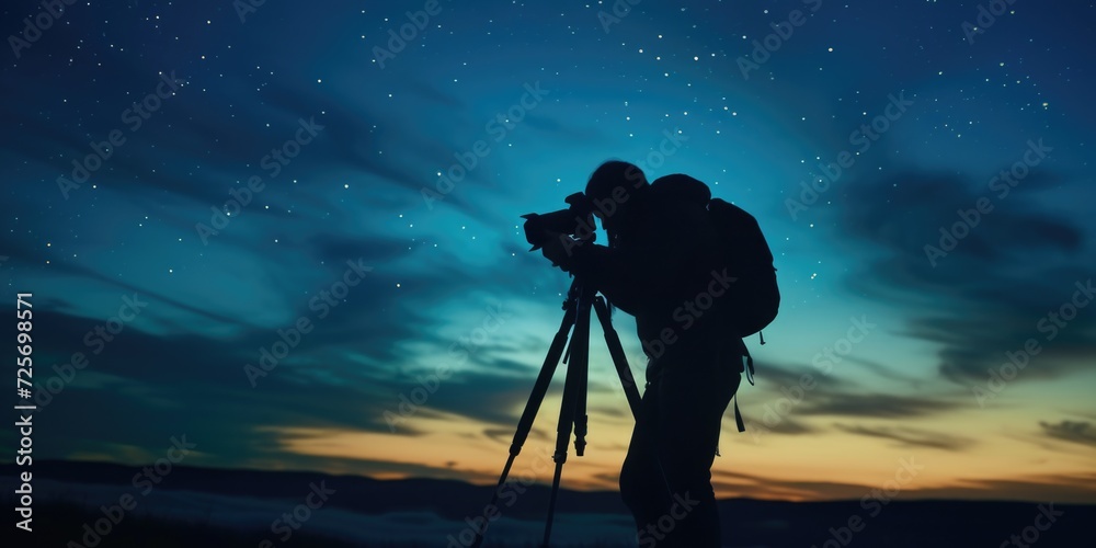 Poster A man is captured in the act of taking a picture with a camera. This image can be used to depict photography, technology, hobbies, or capturing memories