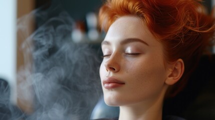 Fototapeta premium A woman with red hair smoking a cigarette. This image can be used to depict relaxation, addiction, or rebelliousness