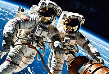 astronauts performing spacewalk in deep space, repair work on station in space, work in space,...