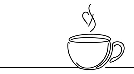 Drawing a continuous line. Cup of coffee with steam on white background