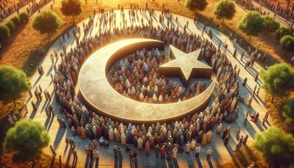 A diverse group of people gathered around a symbol of Islam, such as the crescent moon and star, in a communal and harmonious setting