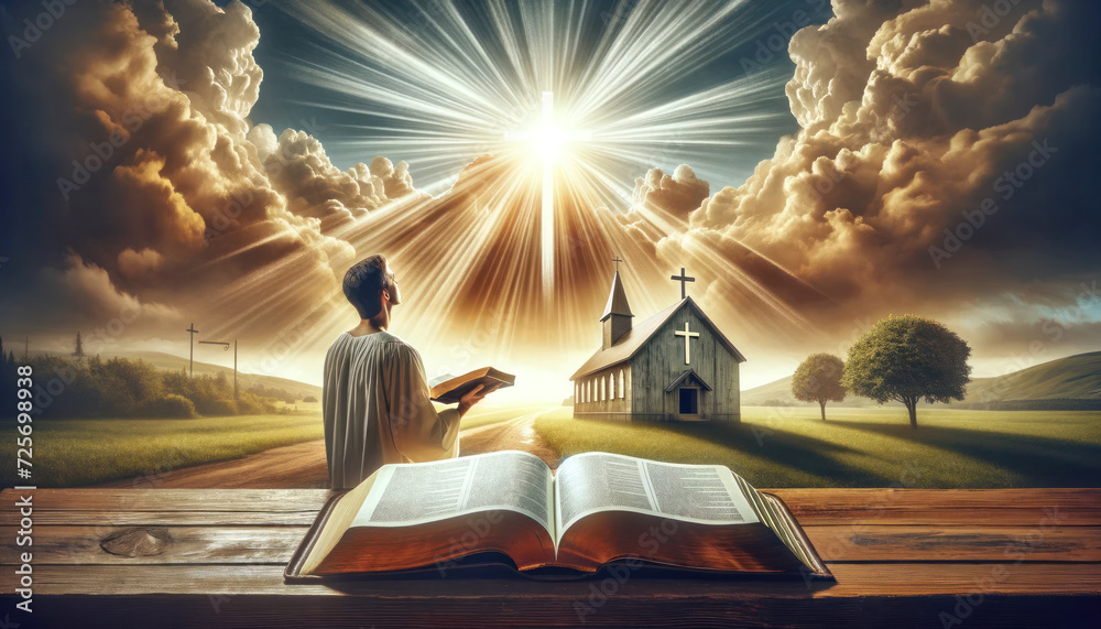 Canvas Prints the conversion to christianity. it features a peaceful scene with a person holding an open bible, th - Canvas Prints