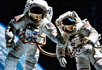 astronauts performing spacewalk in deep space, repair work on station in space, work in space,...
