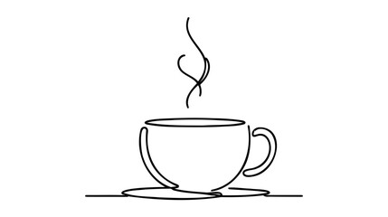 Drawing a continuous line. Cup of coffee with steam on white background - obrazy, fototapety, plakaty