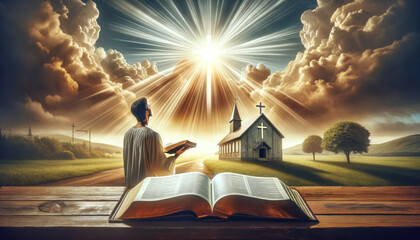 The conversion to Christianity. It features a peaceful scene with a person holding an open Bible, their expression one of revelation and peace - obrazy, fototapety, plakaty