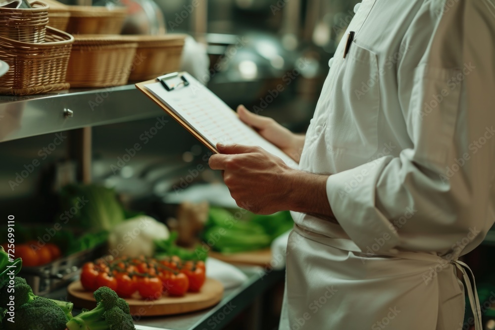 Poster a chef holding a clipboard in a kitchen. this image can be used to represent a chef's organization, 