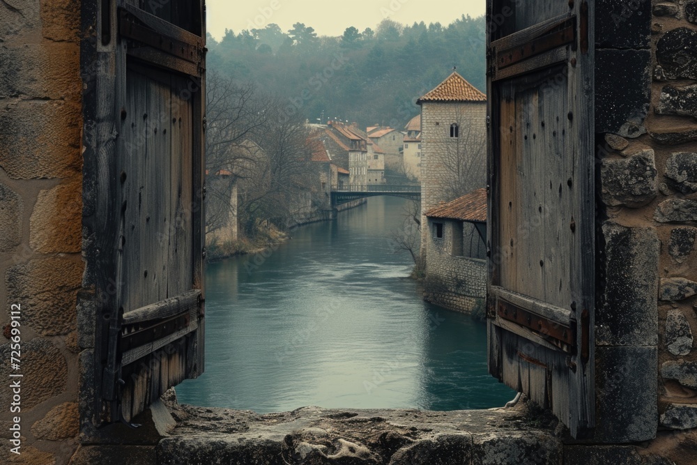 Poster A picturesque view of a river seen through an open window. This image can be used to depict tranquility and the beauty of nature