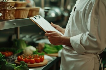 A chef holding a clipboard in a kitchen. This image can be used to represent a chef's organization, menu planning, or recipe management