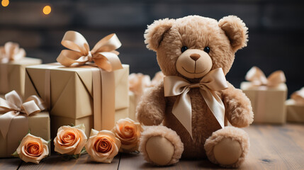 Teddy bear with gold ribbons and roses. Teddy bear and gift boxes