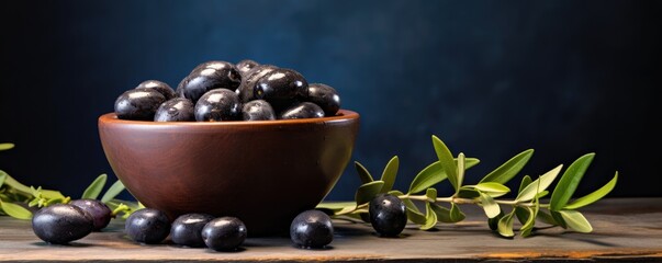 Many fresh and ripe black olives in wooden bowl, healthy food panorama banner. Generative Ai.