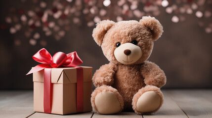 Teddy bear with a gift on a background of holiday decor. Teddy bear with a red ribbon and a gift box.