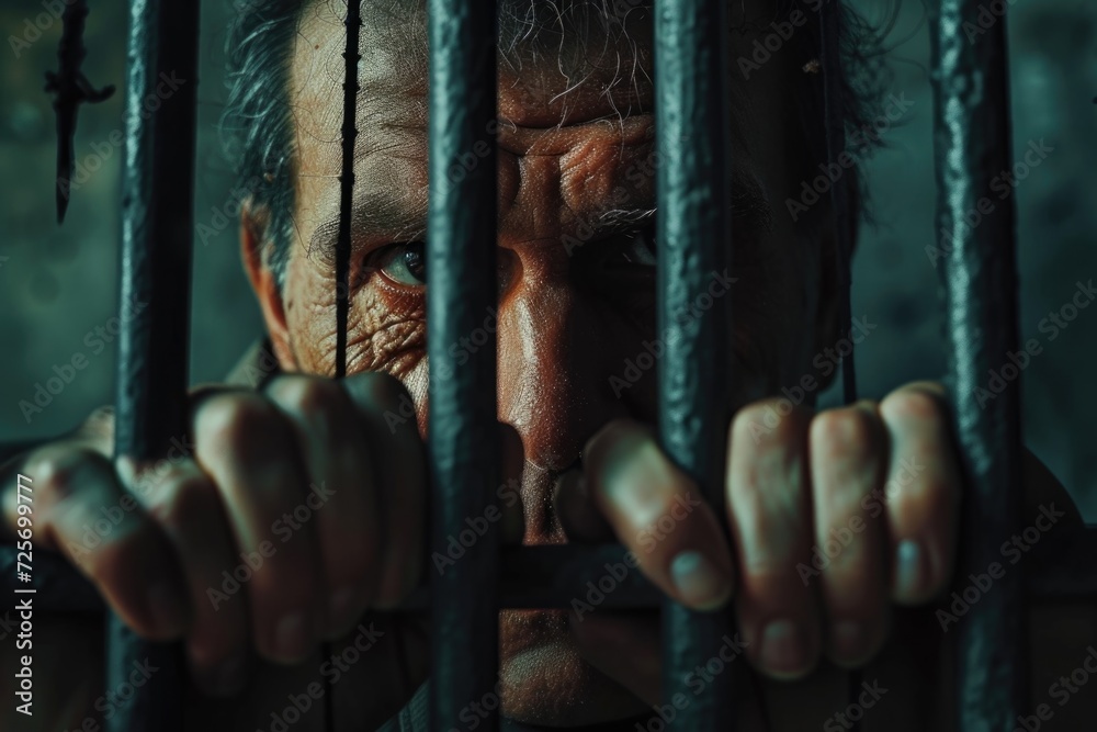 Poster a close-up view of a person behind bars. this image can be used to depict imprisonment, incarceratio