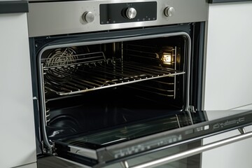 A stainless steel oven with the door open. Perfect for showcasing modern kitchen appliances