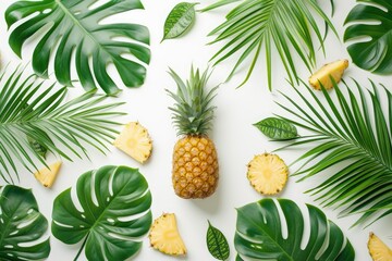 ananas ripe with tropical leaves flatlay isolated on white background