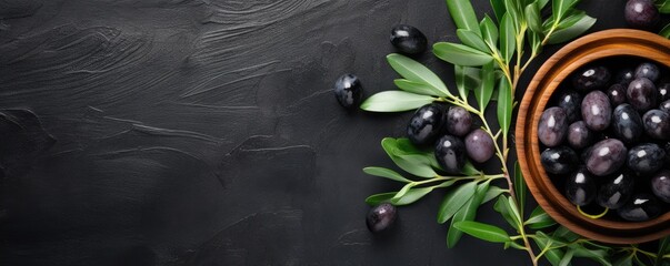 Many fresh and ripe black olives in wooden bowl, healthy food panorama banner. Generative Ai.