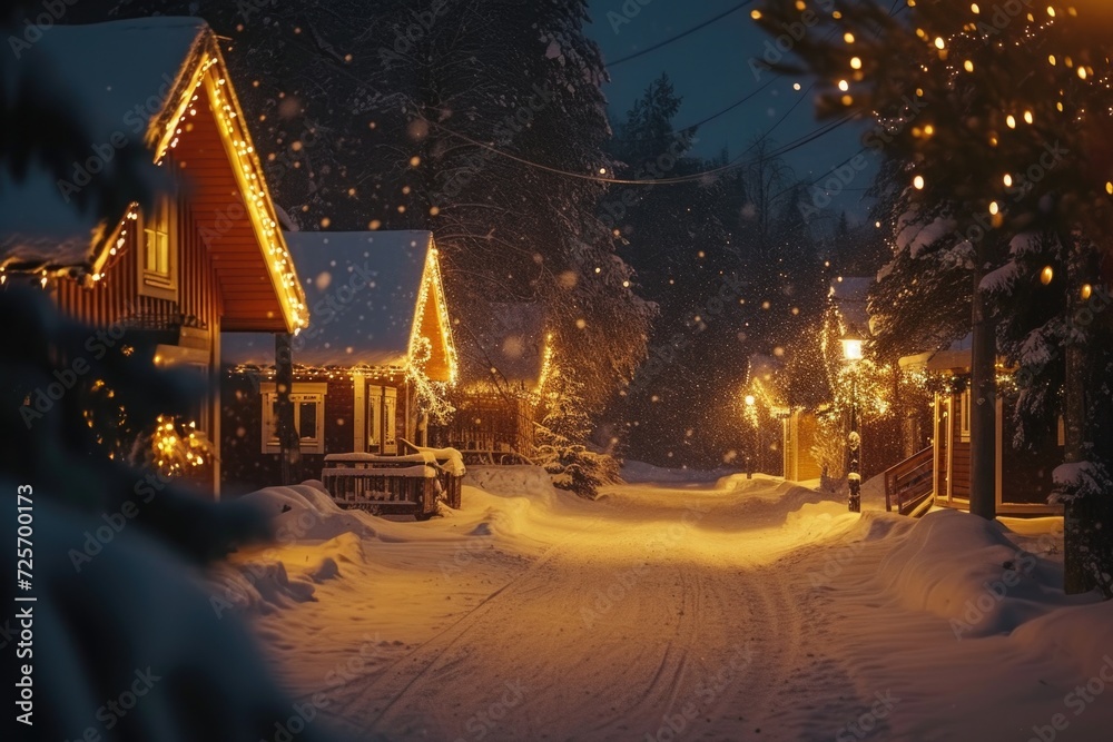 Canvas Prints A snowy street with lights illuminating the scene. Perfect for winter-themed designs and holiday projects