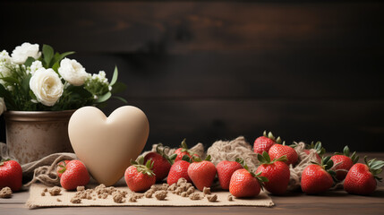 Heart, strawberries and a bouquet of roses on a wooden  background