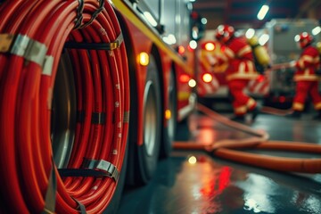 A group of firemen standing next to a fire truck. Suitable for firefighter-related content
