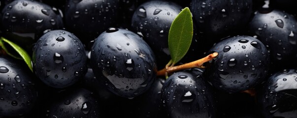 Many fresh and ripe black olives with detailed water drops, bio  food panorama banner Generative Ai.
