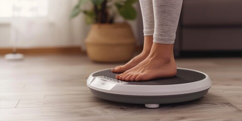 A woman is standing on a scale in a living room. This image can be used to depict concepts related to weight loss, health and fitness, body image, and self-care