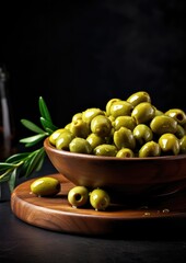 Many fresh and ripe green olives in wooden bowl, healthy food concept. Generative Ai.