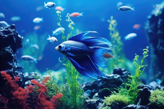 A fish swimming among other fish in an aquarium. Can be used to depict aquatic life or as a background image for websites, presentations, or educational materials