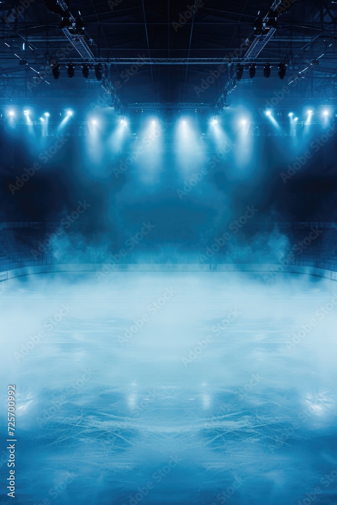 Poster an empty stage with fog and spotlights. ideal for theatrical performances or concerts