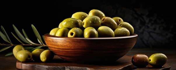 Many fresh and ripe green olives in wooden bowl, healthy food banner panorama. Generative Ai.