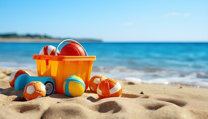 vacation on the beach. toys on the sand. toys on the beach. Bucket of beach balls and other beach toys in the sand on the beach during summertime. Summertime activities by the beach