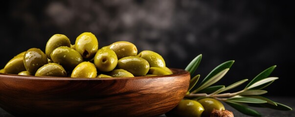 Many fresh and ripe green olives in wooden bowl, healthy food banner panorama. Generative Ai.