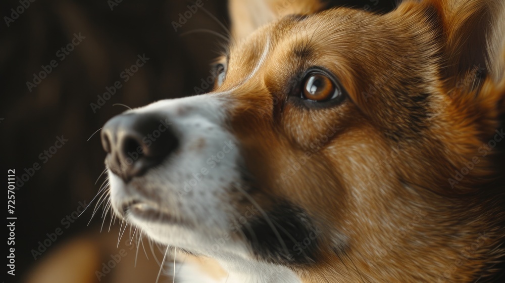 Poster a close-up view of a dog's face with a blurry background. suitable for various pet-related themes an