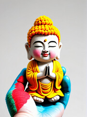 Photo Of A Needle-Felted Cartoon Buddha'S Hand Character Isolated On A White Background