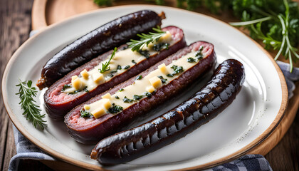 Delicious Spanish morcilla sausage in a dish with herbs and cheese on a wooden table in the...