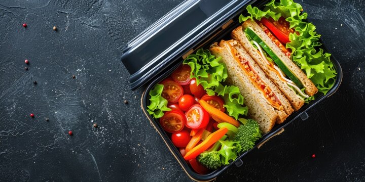 A lunch box filled with a sandwich and a variety of vegetables. Perfect for a healthy meal on the go