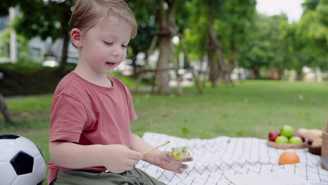 Caucasian adolable boy, about 4-5 years old, sitting on mat laid out in garden for picnic, doing fun activities on nice day, boy is sitting painting on blank sheet paper, using own imagination.